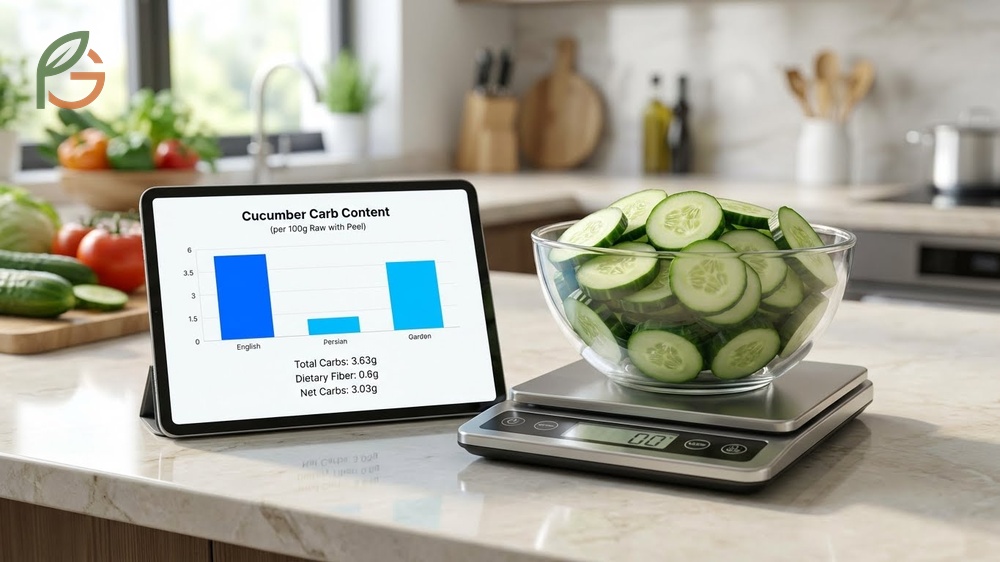 Cucumber carb content is calculated by subtracting 0.5g fiber from 3.63g total carbs per 100g.