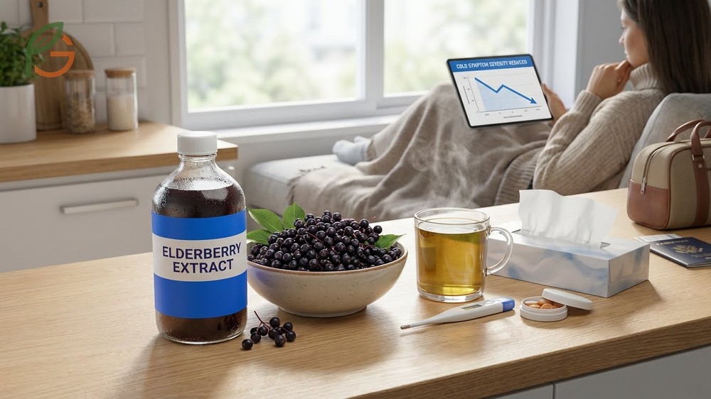 Does elderberry help with colds by reducing symptom severity scores significantly in air travelers compared to placebo.