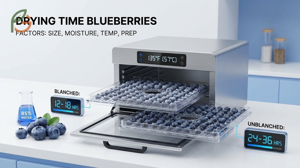 Drying time blueberries varies from 12 to 18 hours depending on humidity and whether berries were blanched.