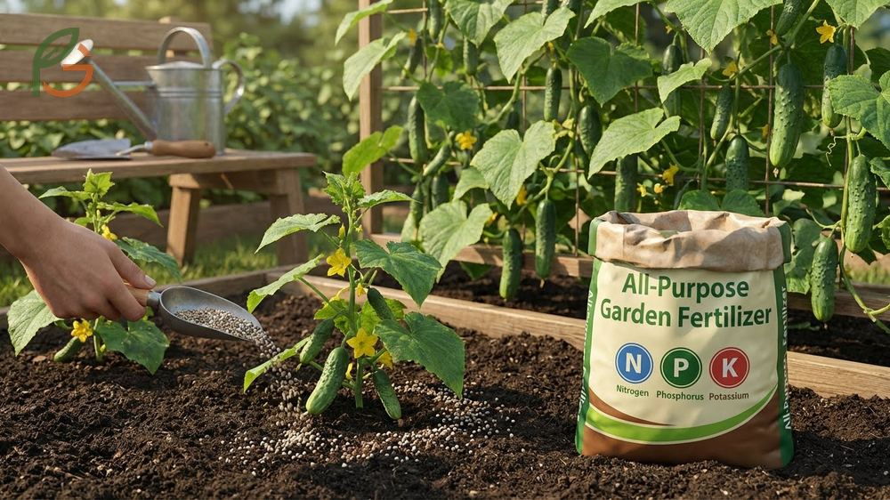 Applying balanced fertilizer to heavy feeding cucumber plants to support rapid vine growth.