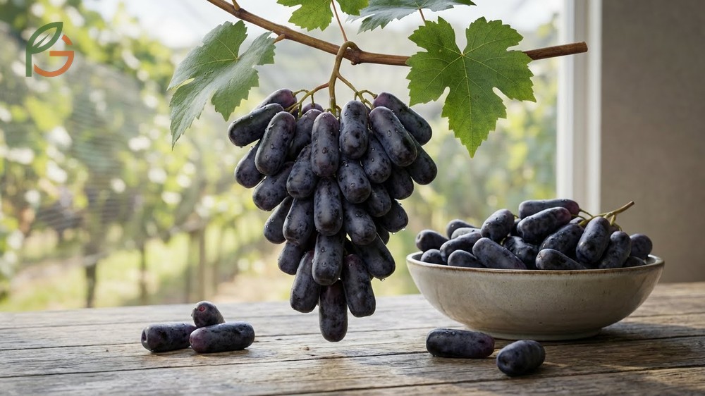 Flavor profile and texture of Moon Drop grapes revealed by the crisp snap of the flesh and sweet tart taste.