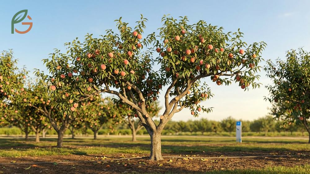 Full grown peach tree size comparison showing standard trees reaching 15 feet versus dwarf options.