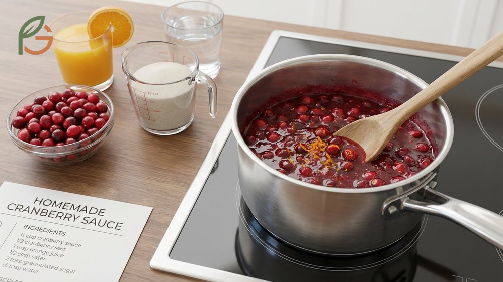 A homemade cranberry sauce recipe using 12 ounces of fresh berries cooked for 10 to 12 minutes.