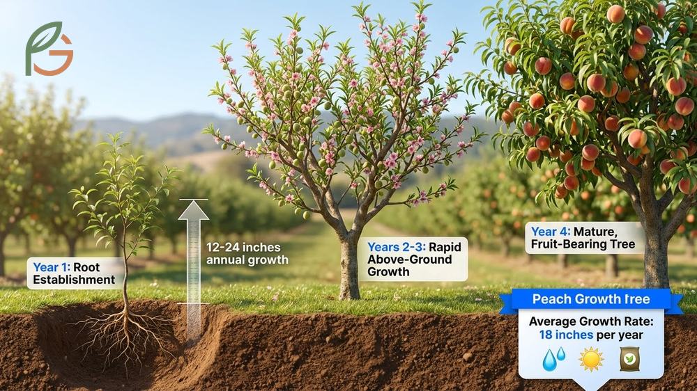 How fast do peach trees grow detailing annual height increases of 18 inches and pruning for height control.