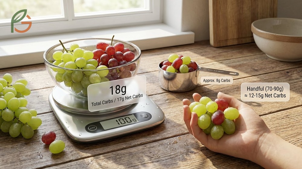 How many carbs are grapes breakdown showing 17g net carbs per 100g serving.
