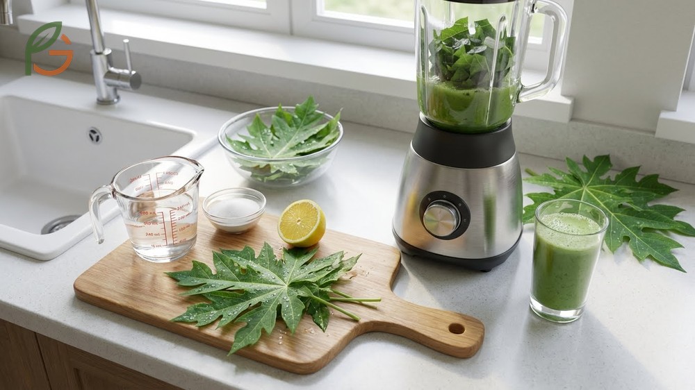 How to make papaya leaf juice involves blending 10 fresh leaves with warm water and straining the mixture.