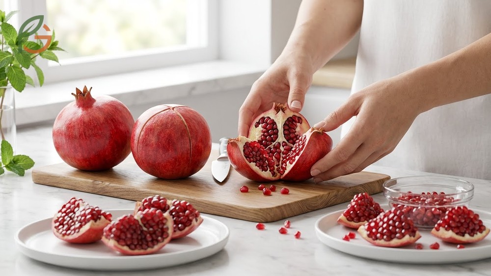 How to peel a pomegranate cleanly involves removing the top and gently pulling sections apart to expose seeds.