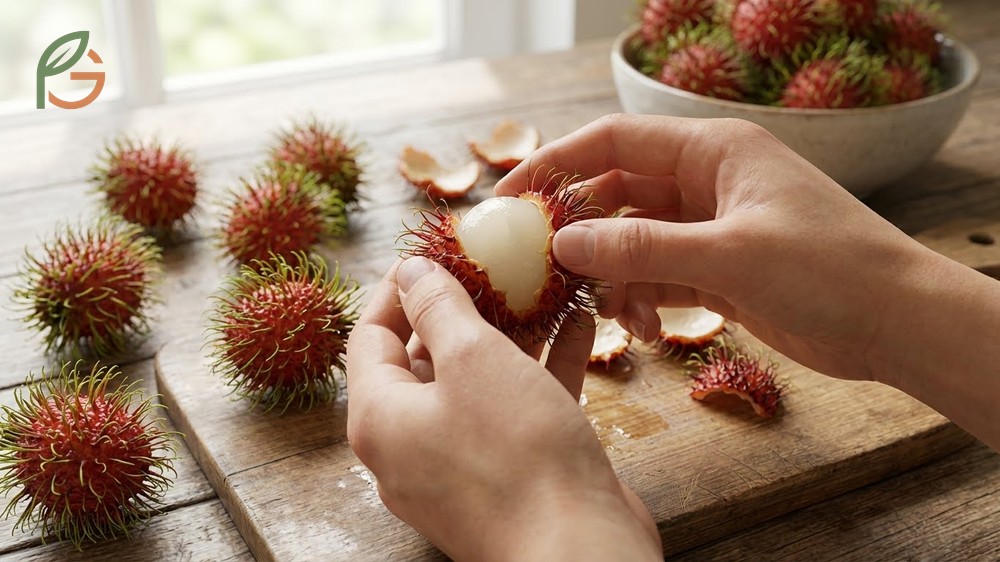How to peel rambutan by applying pressure at the equator until the skin cracks for easy removal.