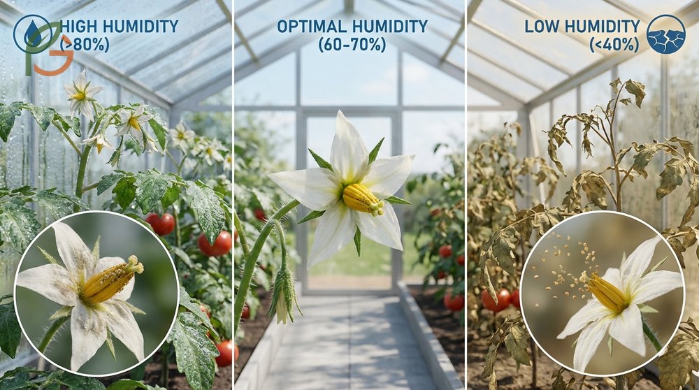 Humidity and tomato pollen viability drops when levels exceed 80 percent causing sticky clumps.