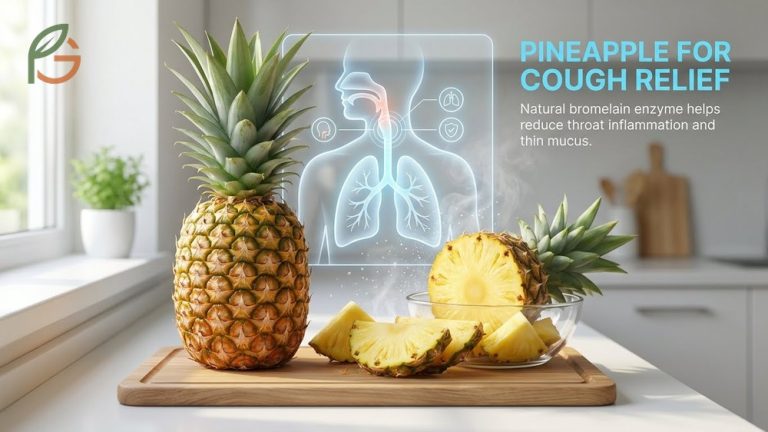 Fresh pineapple slices displayed on a wooden board illustrating natural relief for cough and sore throat symptoms.