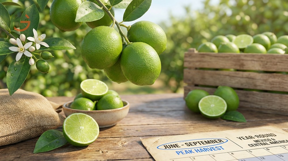 A basket full of fresh pale yellow key limes harvested during the peak summer season.