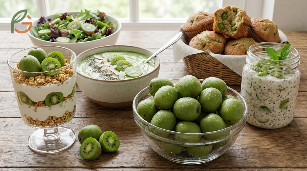 Kiwi berry recipes including smoothies and salads that utilize the whole fruit for added flavor and nutrition.