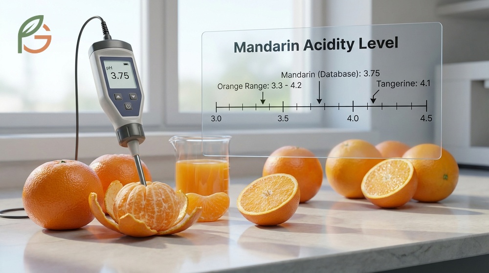 Mandarin acidity level analysis showing tangerine pH at 4.1 versus sweet orange acidity range.