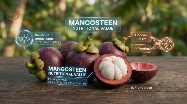 Mangosteen nutritional value guide highlighting 73 calories and 15 percent daily copper value per serving.