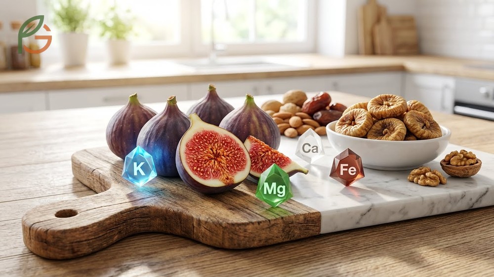 Minerals in figs highlighting potassium and calcium content that supports muscle function and bone health.
