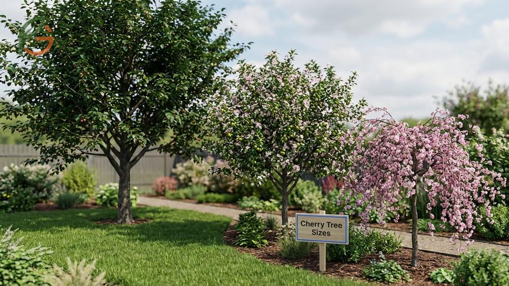Popular cherry tree sizes vary with Bing reaching 25 feet and Stella staying compact at 10-15 feet for small gardens.