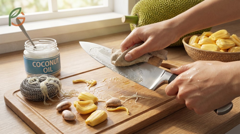 Prepare fresh jackfruit for eating by cleaning sticky tools with coconut oil and soaking them for five minutes to remove residue.