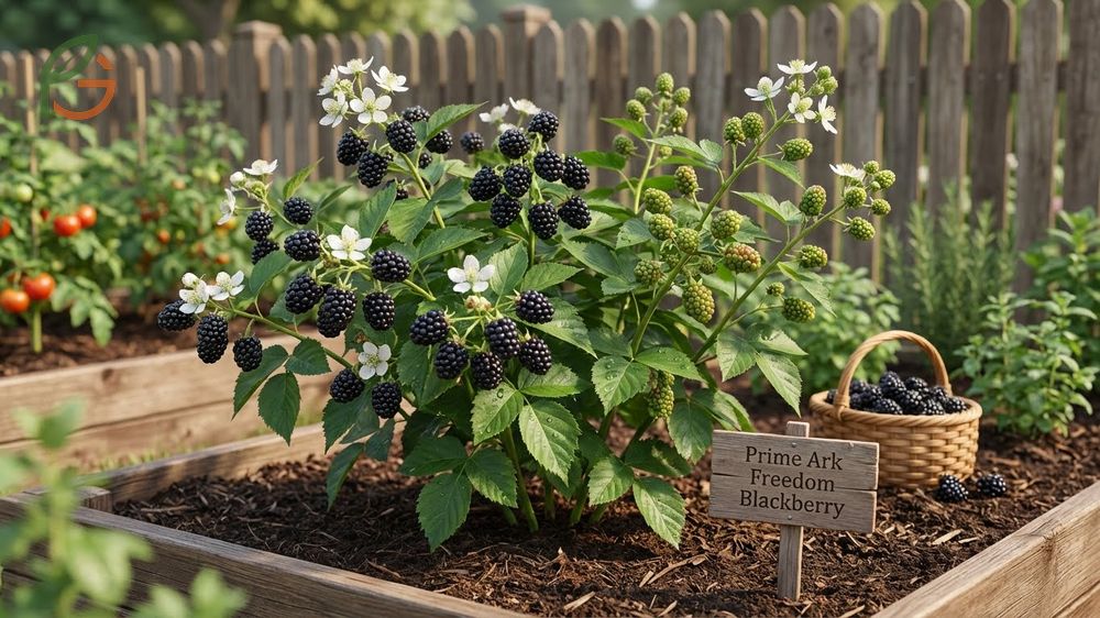 Prime Ark Freedom blackberry produces fruit on first-year primocanes and offers disease resistance for easier organic growing.