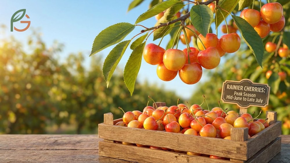 When are Rainier cherries in season highlighting the short window from mid-June to late July for these delicate yellow fruits.