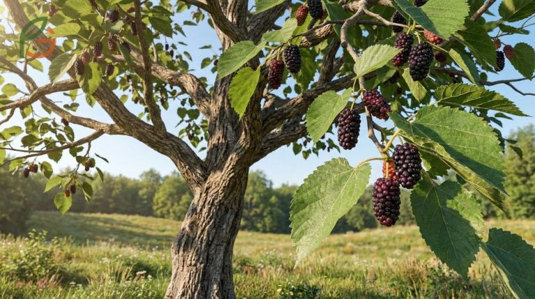 Red mulberry Morus rubra tree growing 15 to 70 feet tall with distinctive rough leaves and dark fruits.