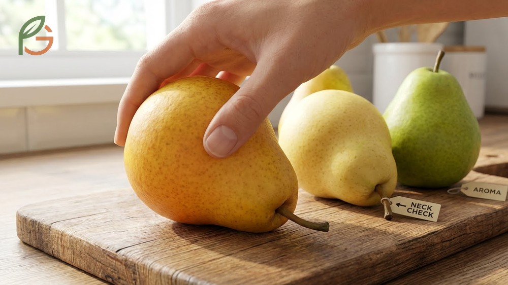 Signs pears are ready to eat including the neck check where the stem end yields gently to thumb pressure.