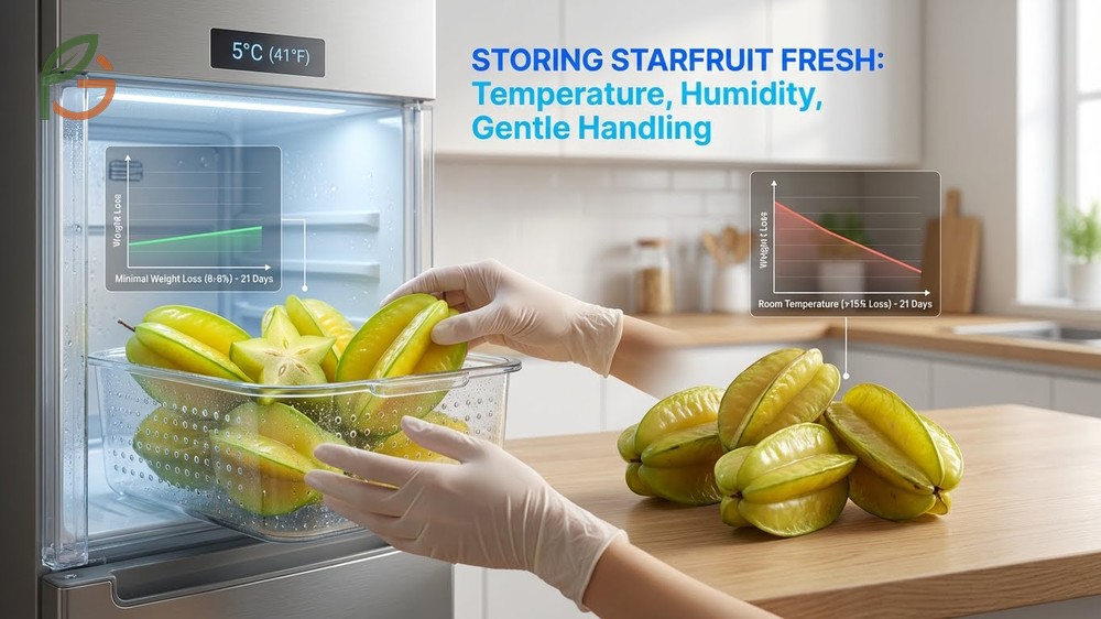 Storing starfruit fresh requires 90 to 95 percent humidity to prevent rib browning and moisture loss.