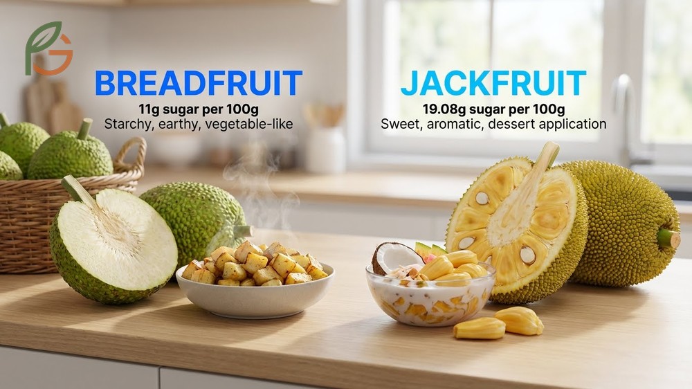 Taste difference comparison showing sugar content variances between breadfruit and jackfruit.
