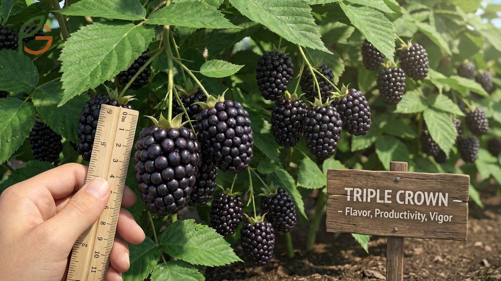 Triple Crown blackberry plants produce over 30 pounds of fruit with dense foliage preventing sun scald.