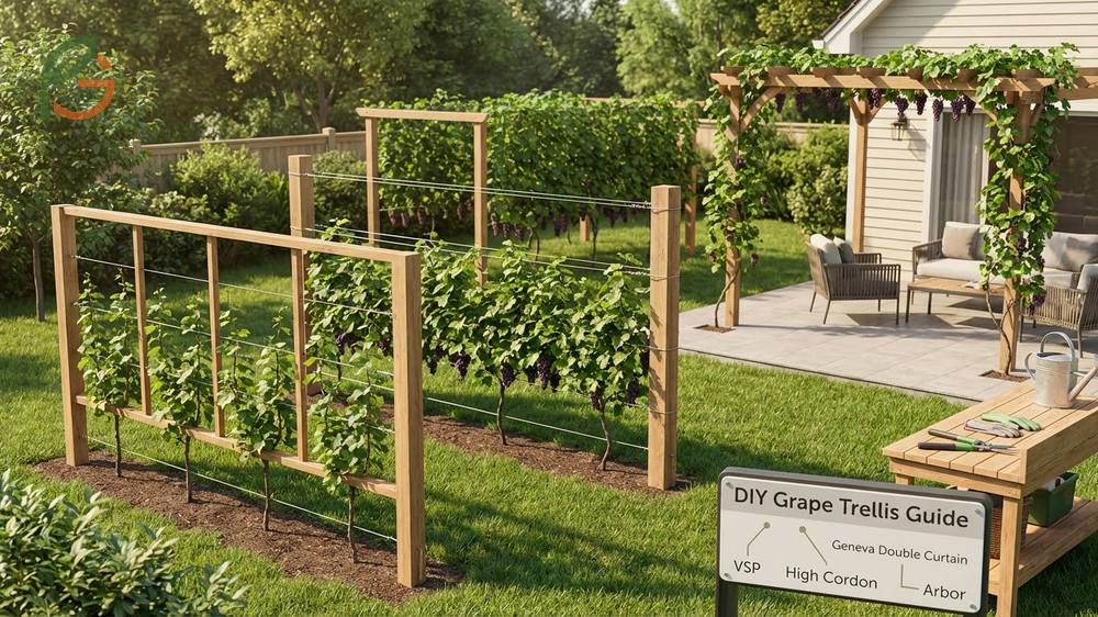 Types of trellis for grapes for backyard DIY guide featuring vertical shoot positioning and high cordon systems.