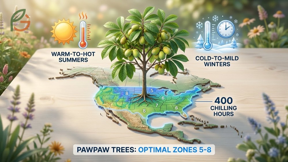 USDA hardiness zones for pawpaw trees spanning zones 5 through 8 with cold tolerance down to minus 20 degrees.