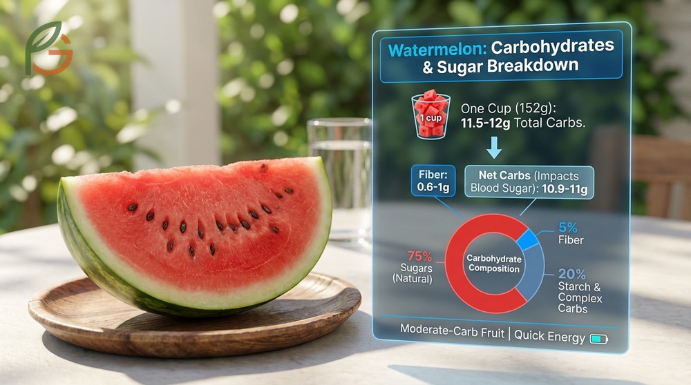 Watermelon carbs and sugar totals are analyzed to show 11 grams of net carbs suitable for most diets.