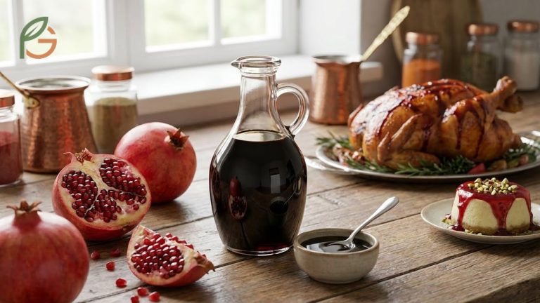 What is pomegranate molasses described as a thick tangy syrup made by reducing pomegranate juice to about one-quarter volume.