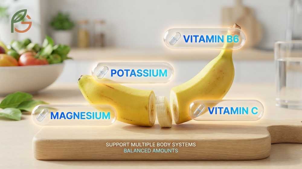 What vitamins are in bananas includes 450 mg of potassium and vitamin C to regulate fluid balance and nerve signals.