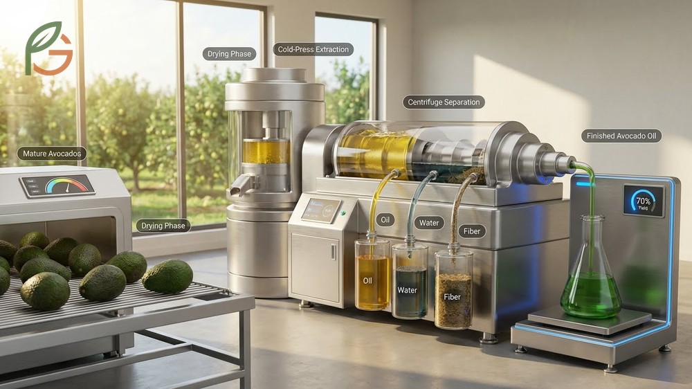 Visual process showing how is avocado oil made through mashing drying and cold-pressing the paste.