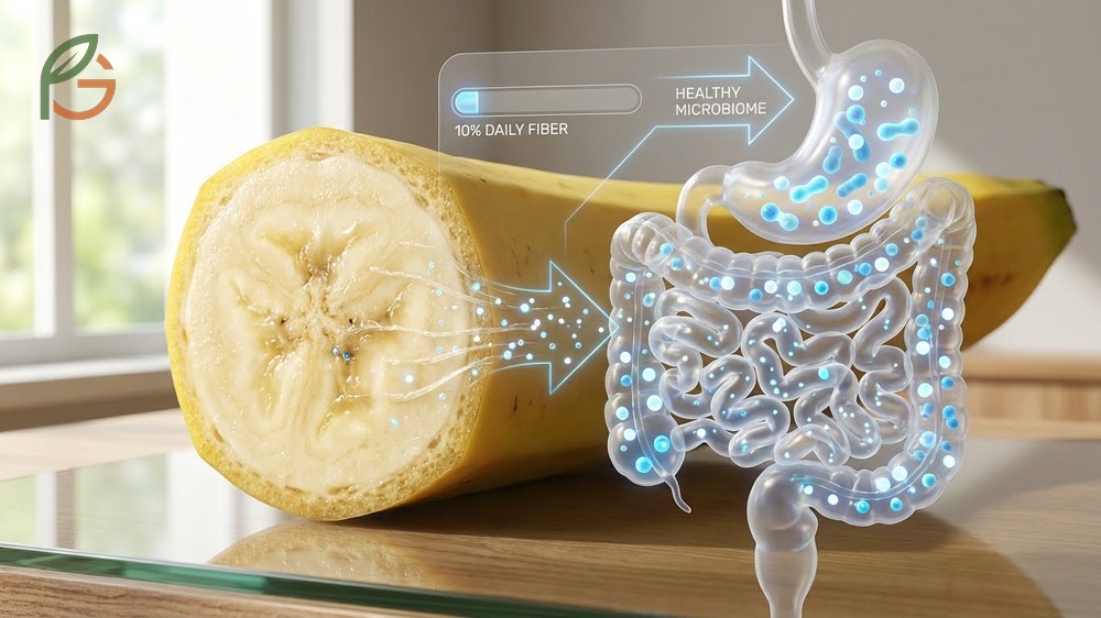 Banana health benefits for digestion rely on 3 grams of fiber and resistant starch to promote beneficial gut bacteria.