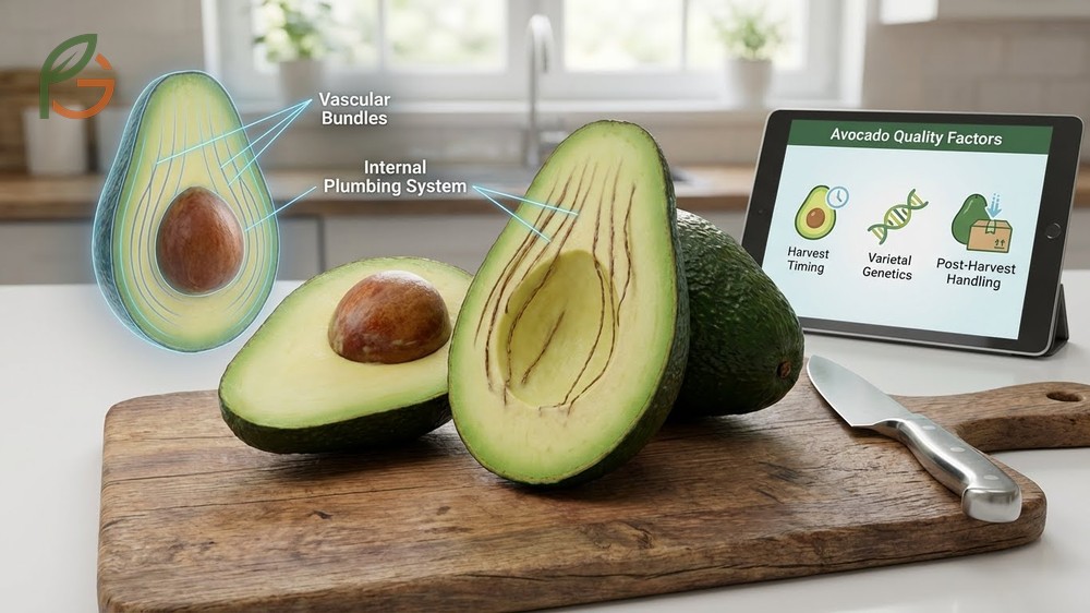 Brown strings in avocado caused by vascular bundles that darken due to early harvest or cold stress.