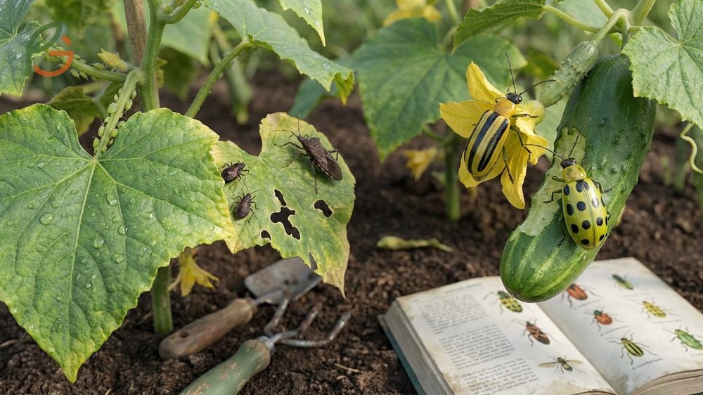 Bugs on cucumber plants identification including aphids and squash bugs with organic neem oil control methods.