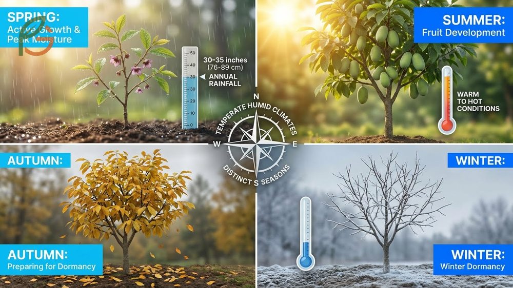 Climate requirements for pawpaw trees needing 30 to 35 inches of annual rainfall and warm summers for fruit set.