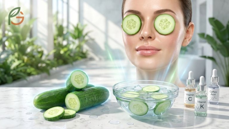A person relaxing with fresh cucumber slices over their eyes to reduce puffiness and soothe the skin.