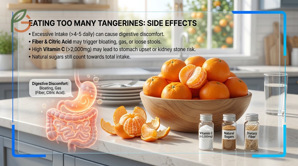 Eating too many tangerines side effects may include digestive discomfort if consuming more than 5 fruits daily.