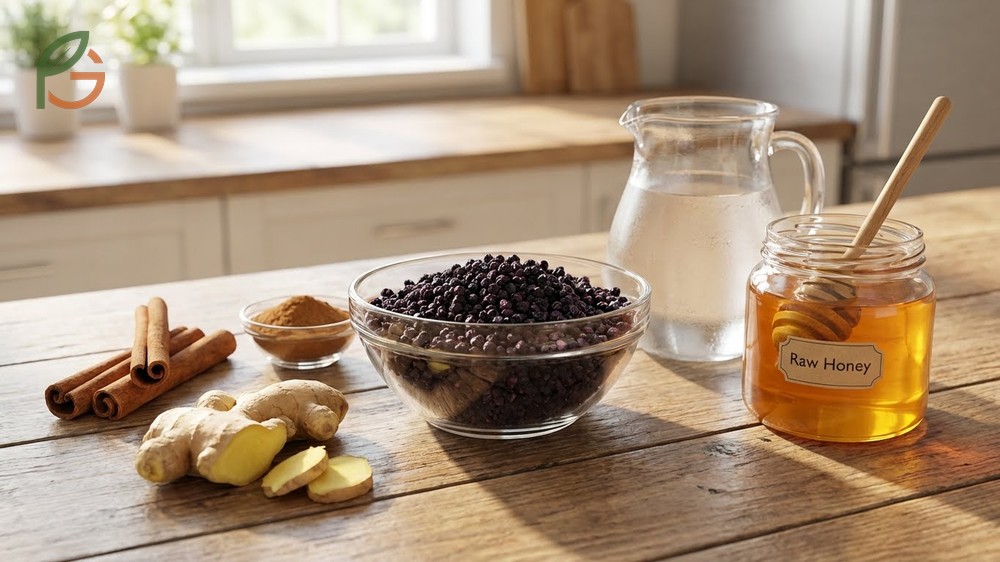 Elderberry syrup ingredients including dried elderberries raw honey cinnamon sticks and fresh ginger for a natural remedy.