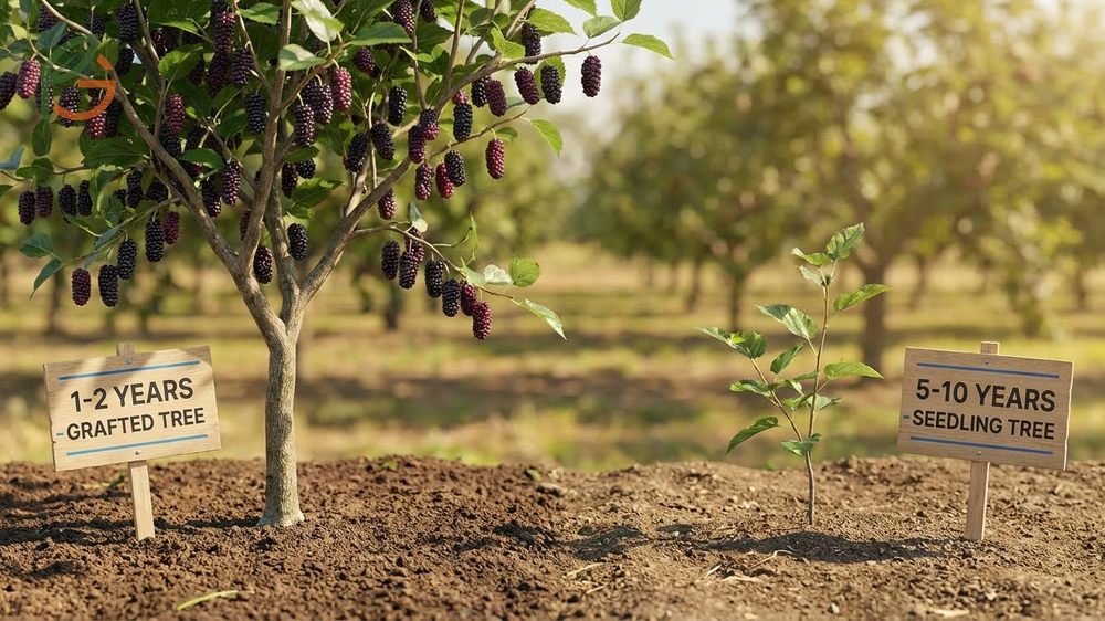 Fruit production timing indicating grafted trees fruit in 1 to 2 years while seed grown trees need 5 to 10 years to reach maturity.