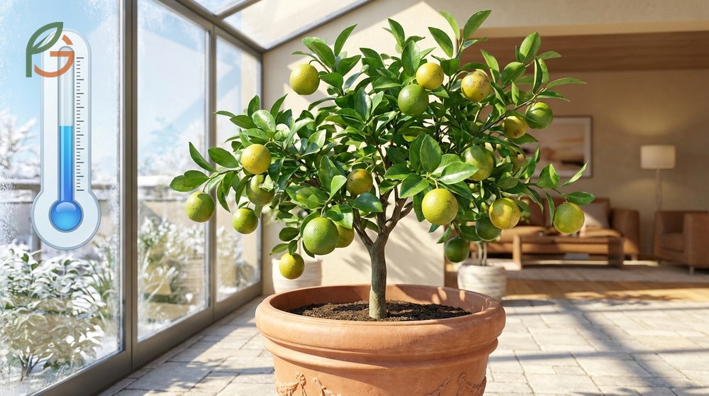 A potted key lime tree thriving in a sunny sheltered location to demonstrate growing requirements.