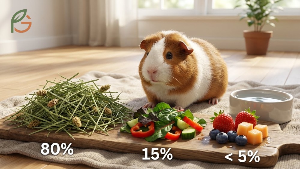 Guinea pig safe fruits list including strawberries and blueberries suitable for occasional treats in a hay-based diet.