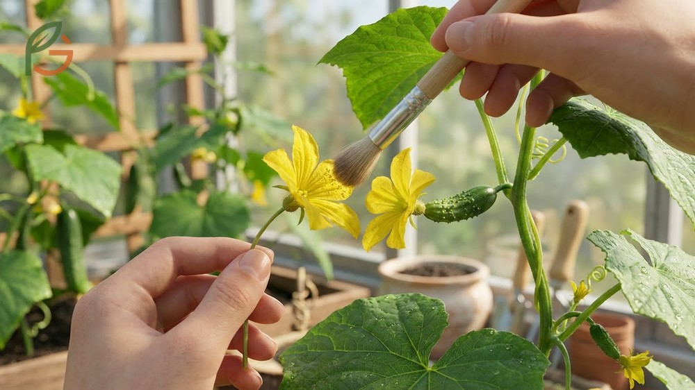 Using a small brush to transfer pollen from male to female cucumber flowers manually.