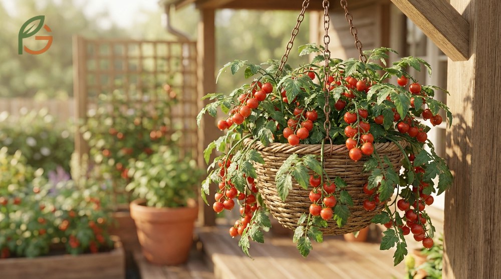 Hanging basket tomatoes varieties like Tumbling Tom and Patio Choice Yellow are bred for cascading growth without trellises.
