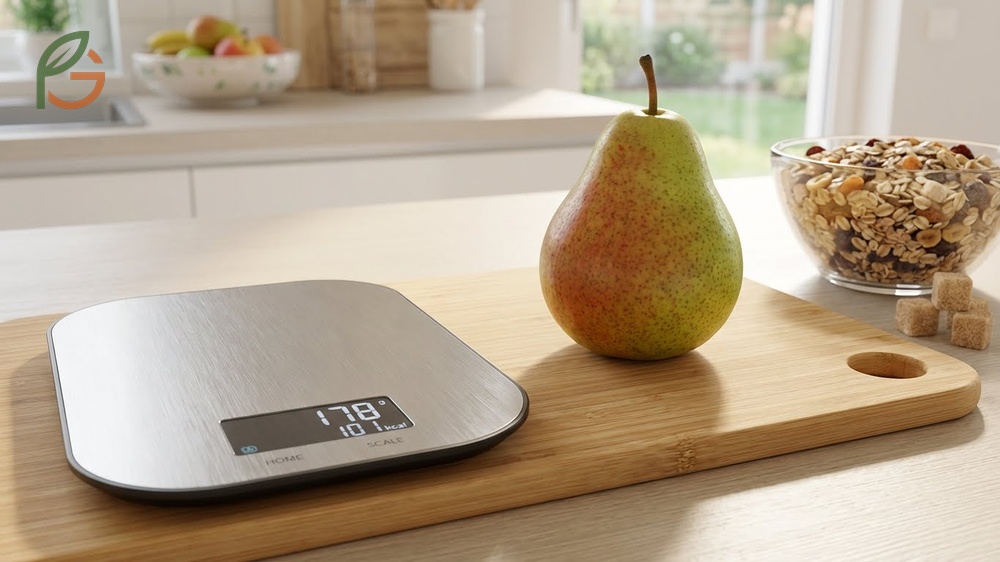 How many calories in a pear based on fruit size and skin content for dietary tracking.