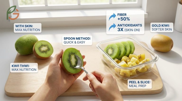 How to eat kiwi guide covering three methods like eating the skin for 50% more fiber and scooping flesh with a spoon.