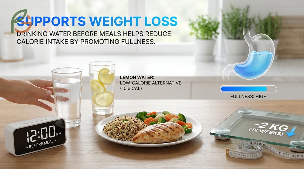 Lemon water supports weight loss containing only 10 calories per glass and helping boost metabolism.