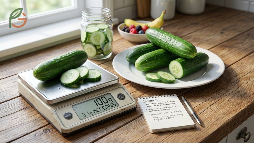 Net carbs cucumbers calculation results in 3.1g net carbs per 100g serving ideal for strict keto.